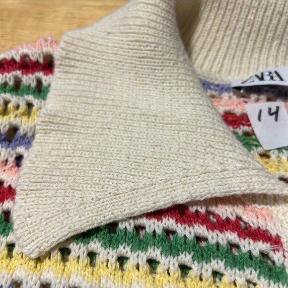 Womens Zara Ivory Rainbow Striped Open Knit Pointelle Cardigan Sweater S - Picture 12 of 15